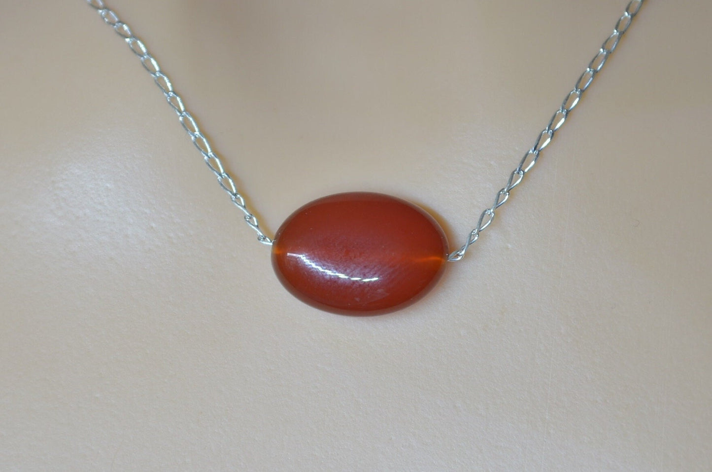 carnelian silver necklace, oval natural red gemstone pendant, 18” chain