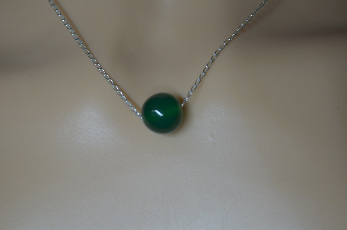 Silver necklace, green onyx bead, round shape natural gemstone, 18” chain