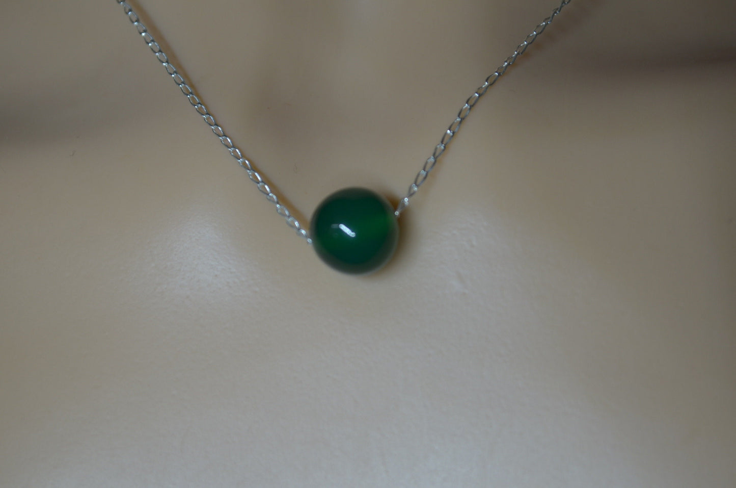 Silver necklace, green onyx bead, round shape natural gemstone, 18” chain