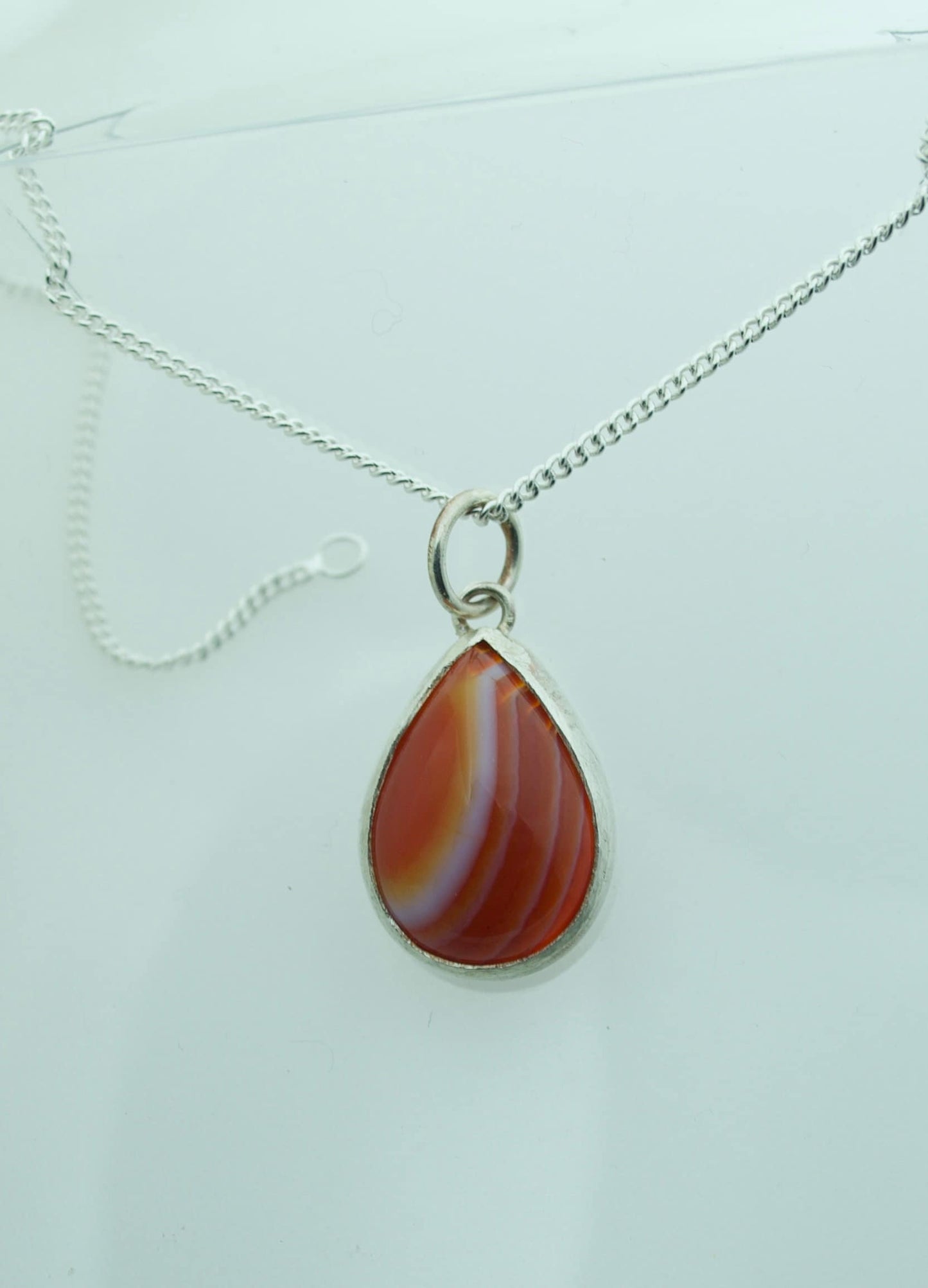 silver necklace, red agate pendant, natural materials, 18” chain