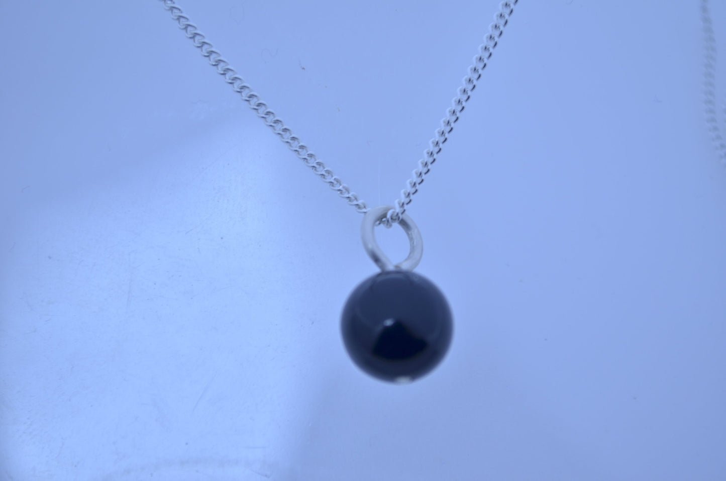 black onyx charm, solid sterling silver necklace, bell shape natural gemstone, 18” chain