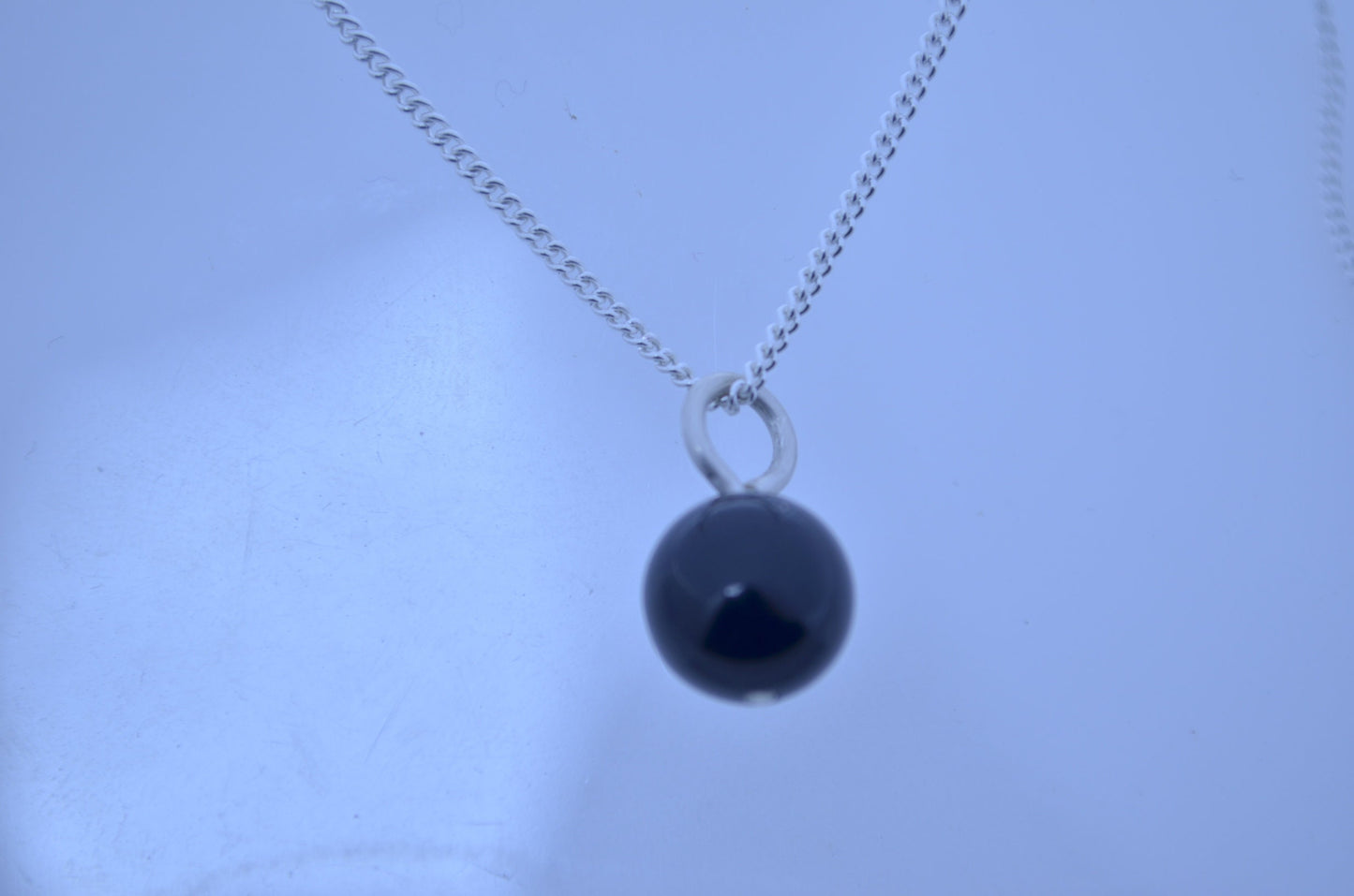 black onyx charm, solid sterling silver necklace, bell shape natural gemstone, 18” chain