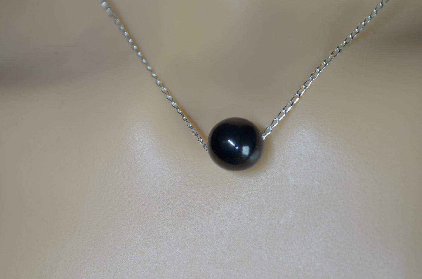 black onyx bead and solid sterling silver chain necklace, bell shape natural gemstone
