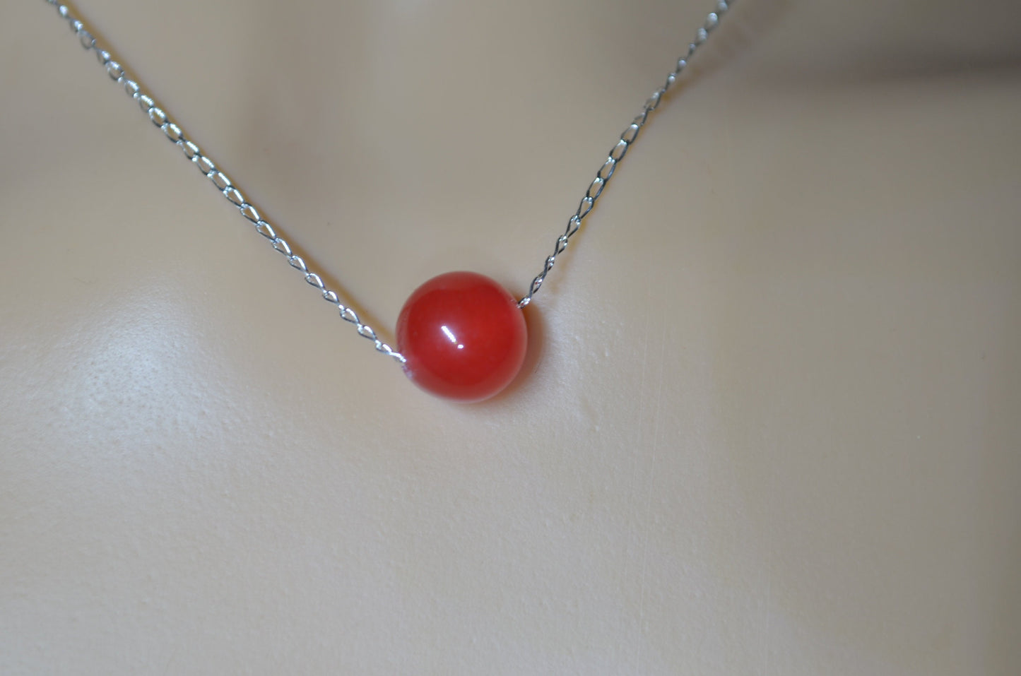 silver red jade necklace, round shape bead pendant, 18” chain