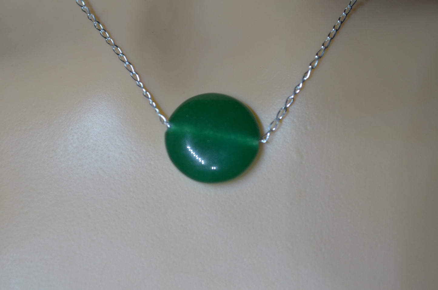 green onyx silver chain necklace, circle shape natural gemstone, 18” chain