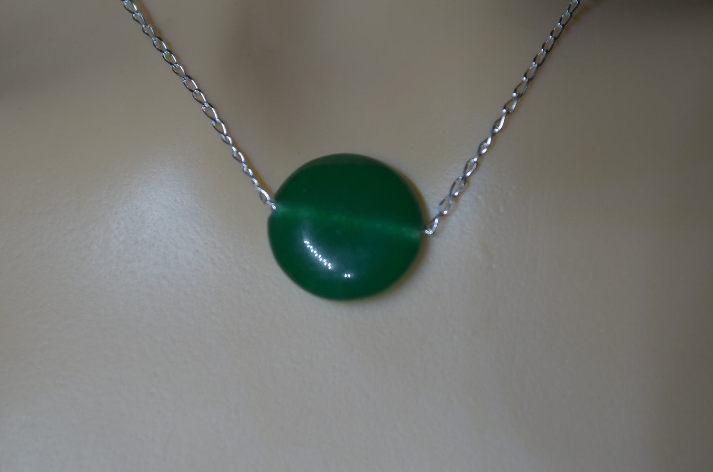 green onyx silver chain necklace, circle shape natural gemstone, 18” chain