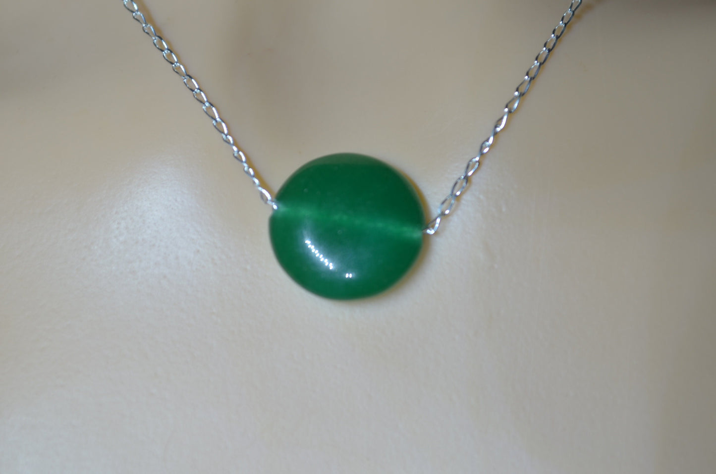 green onyx silver chain necklace, circle shape natural gemstone, 18” chain