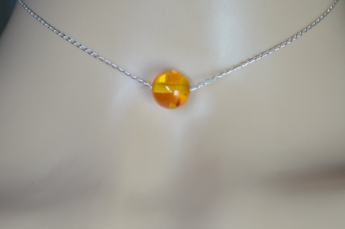 silver necklace, yellow bead, round shape gemstone, 18” chain