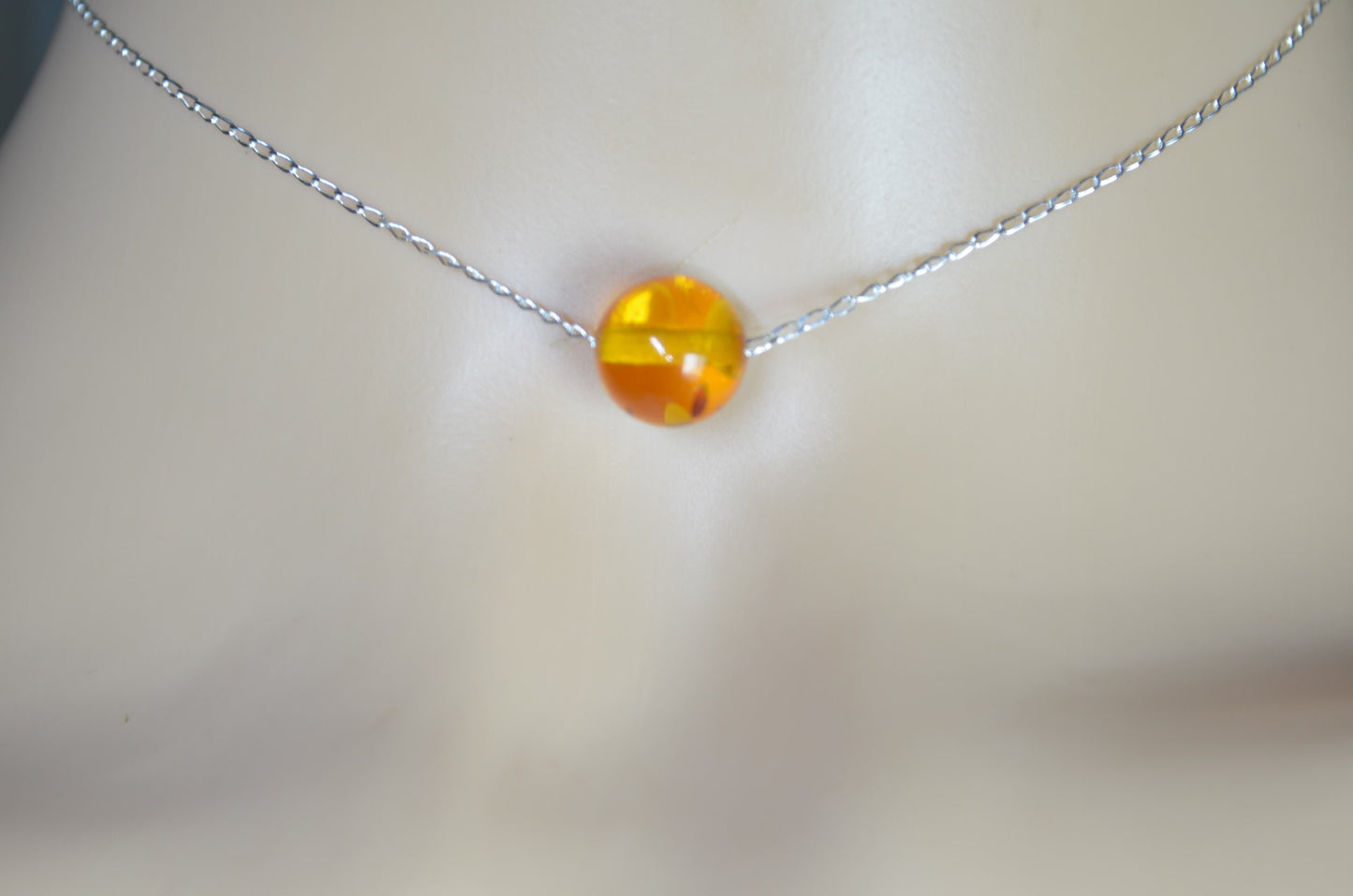 silver necklace, yellow bead, round shape gemstone, 18” chain
