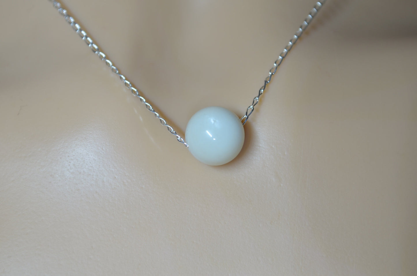white moonstone bead silver necklace, round shape natural stone pendant, 18” chain