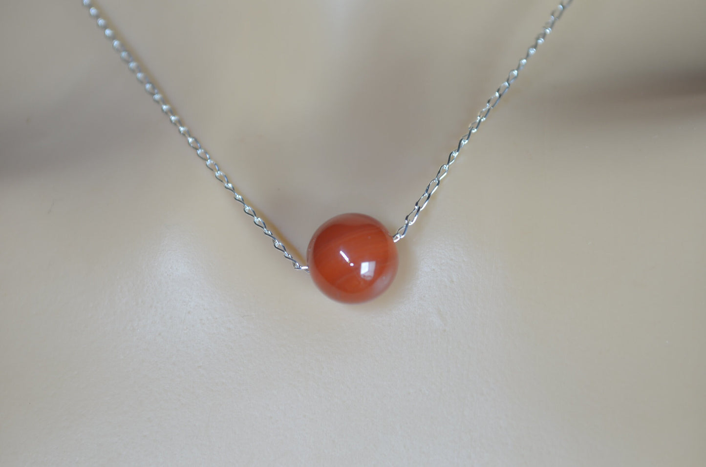 silver necklace carnelian bead, round natural red gemstone pendant, 18” chain
