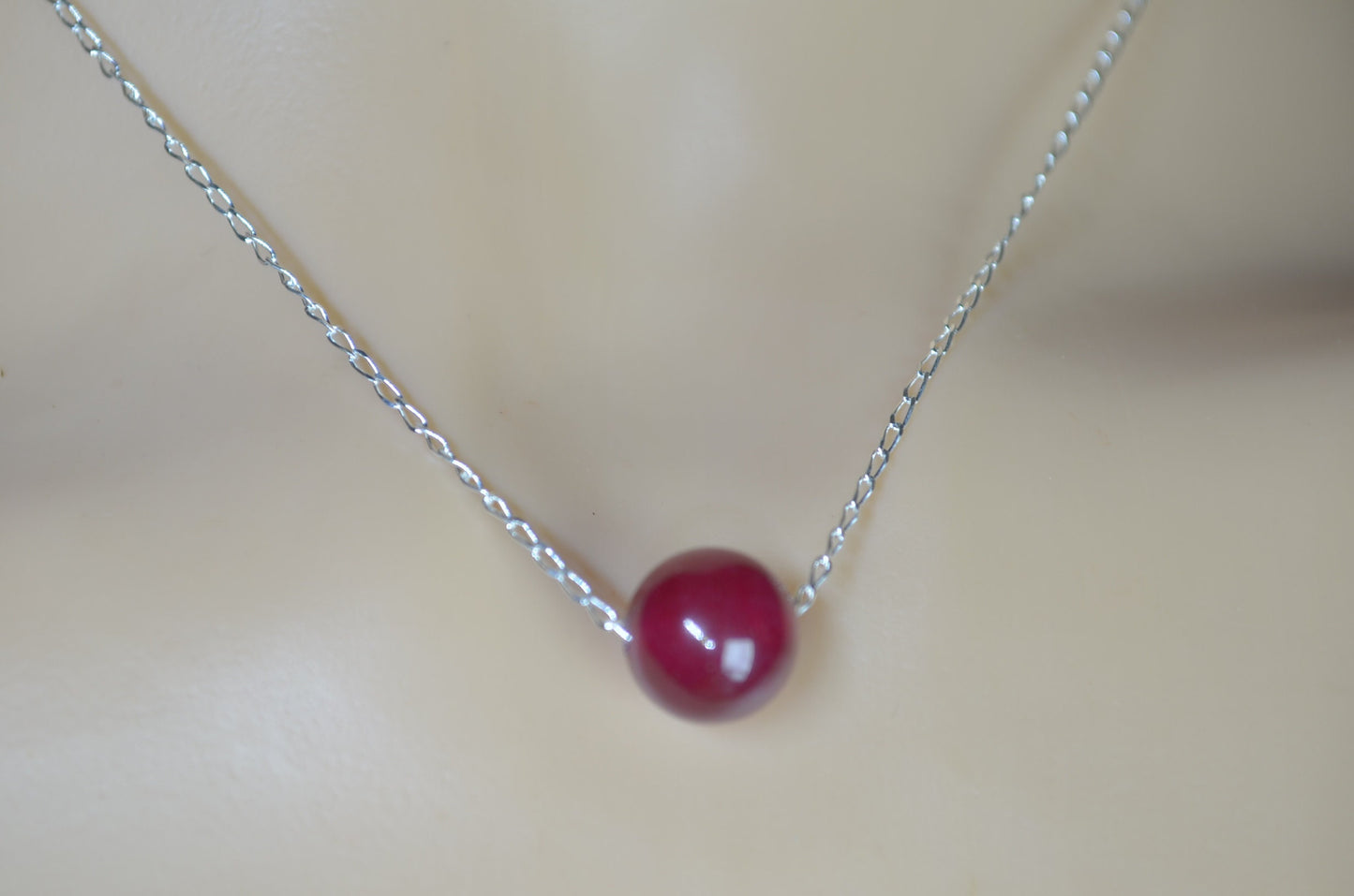 silver red ruby jade necklace, round shape bead pendant, 18” chain