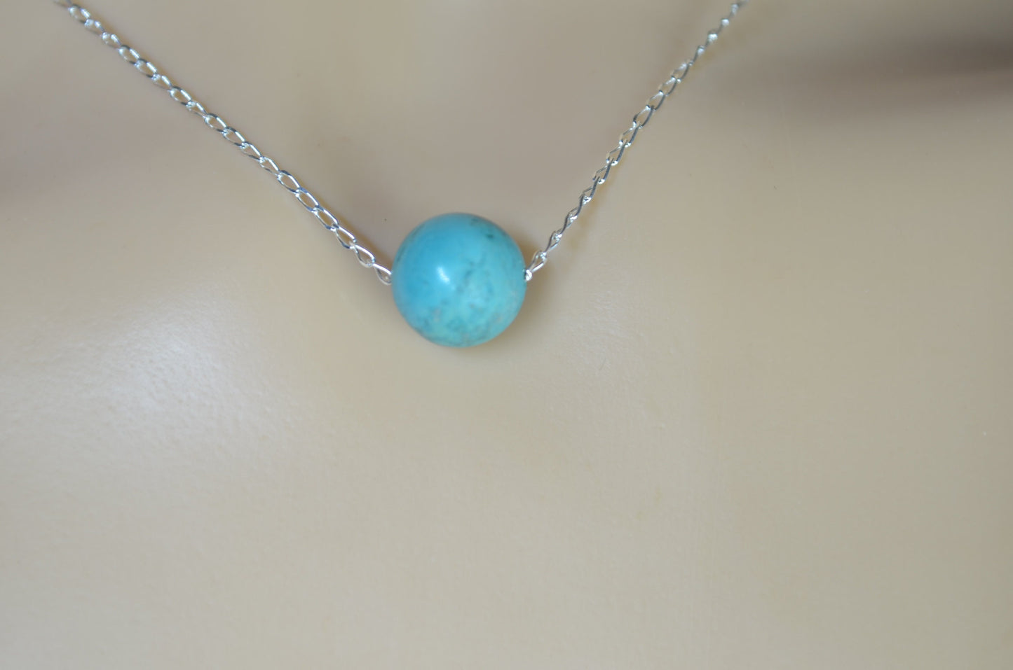 turquoise bead silver necklace, round blue pendant, 18” chain