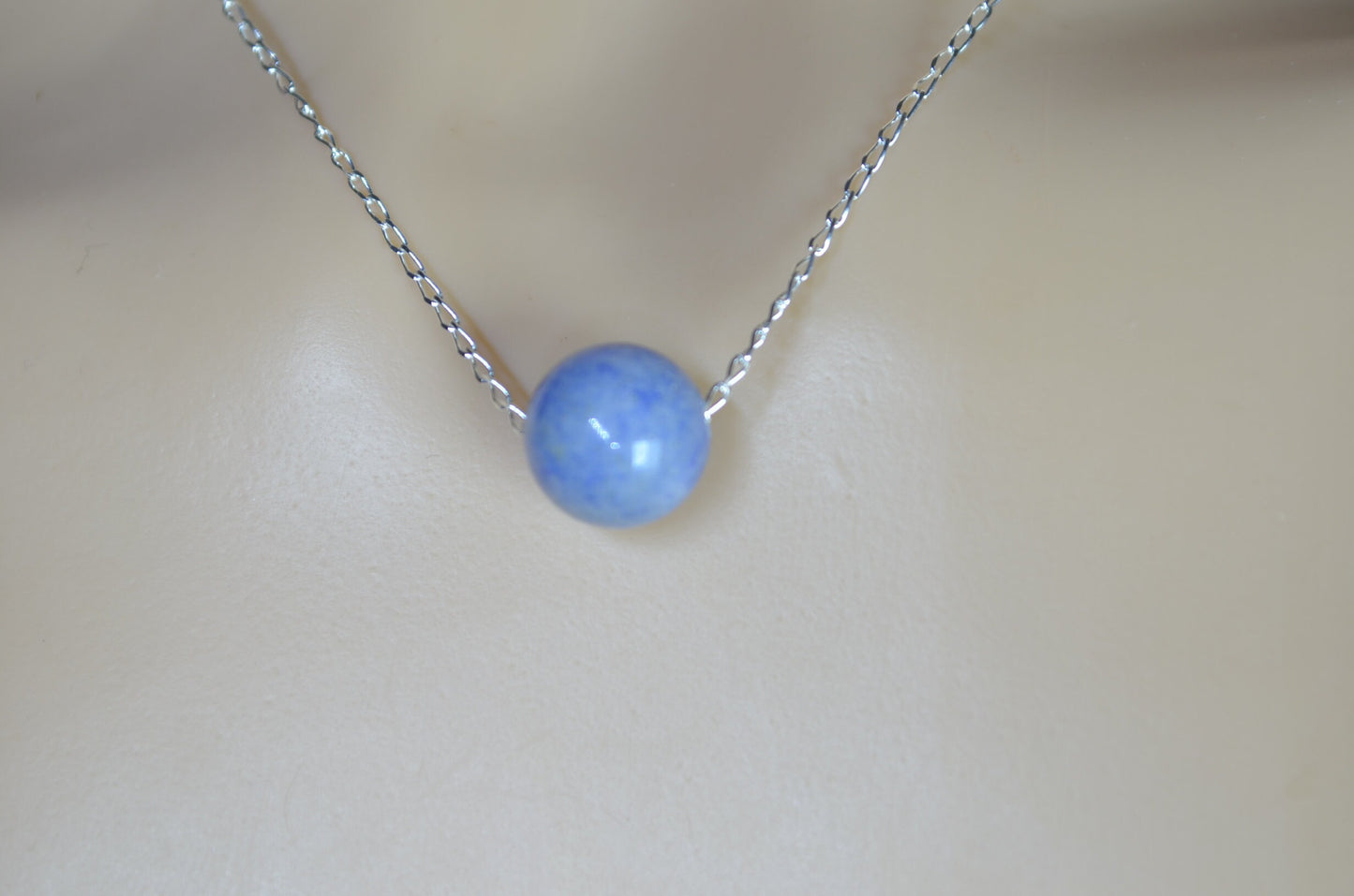 blue aventurine bead silver necklace, natural round shape gemstone, 18” chain