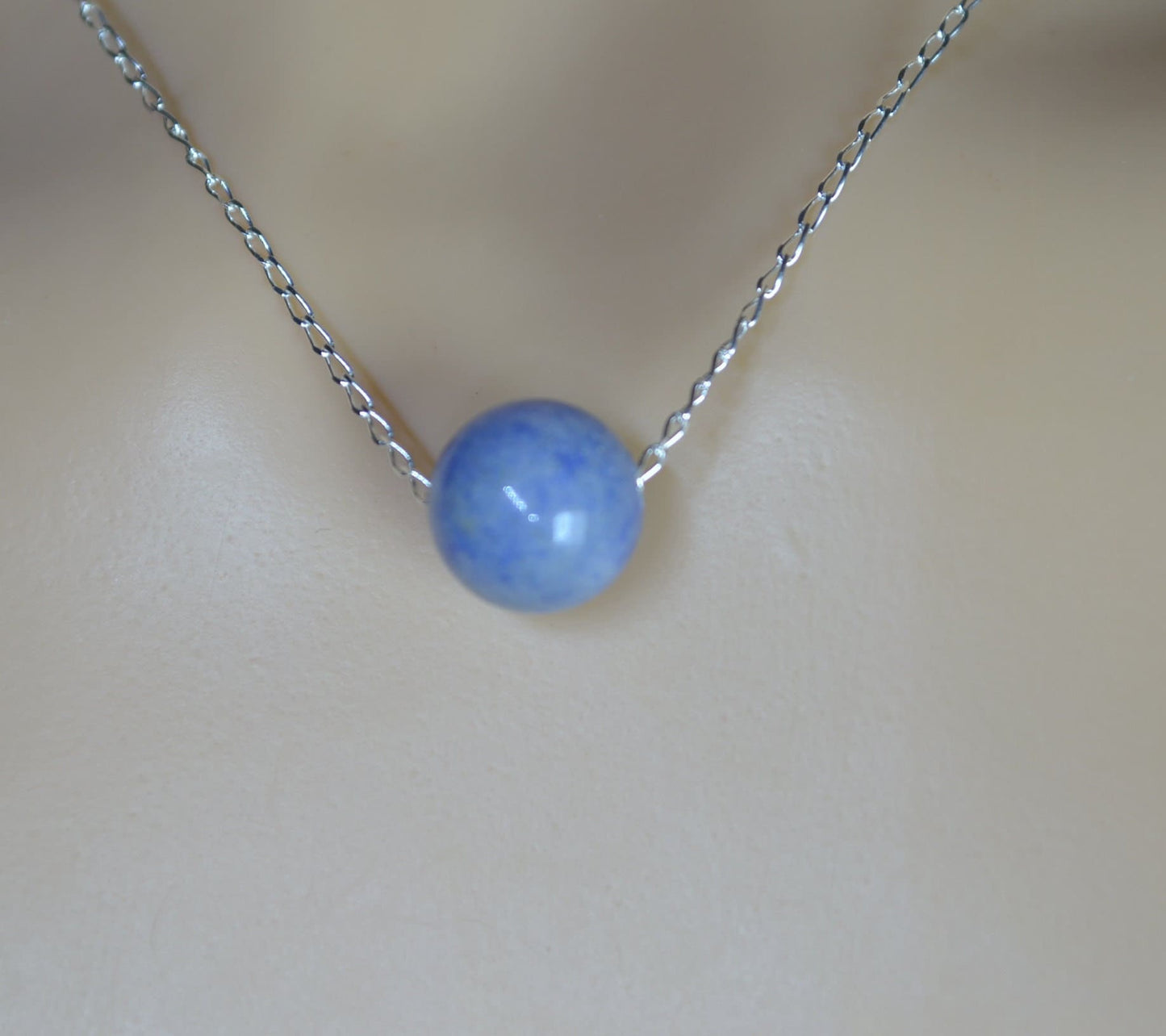 blue aventurine bead silver necklace, natural round shape gemstone, 18” chain