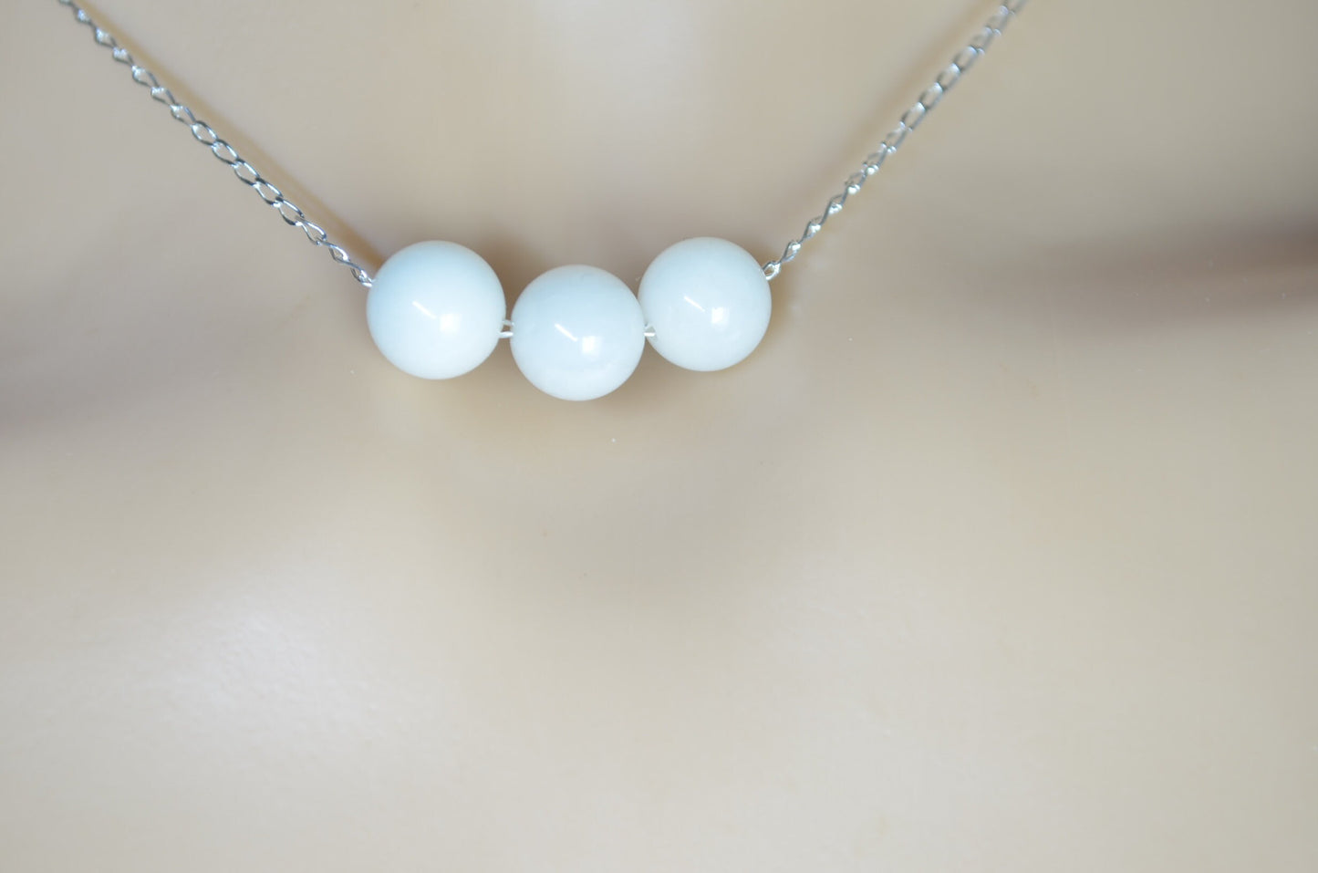 white moonstone 3 beads silver necklace, round shape natural stone pendant, 18” chain