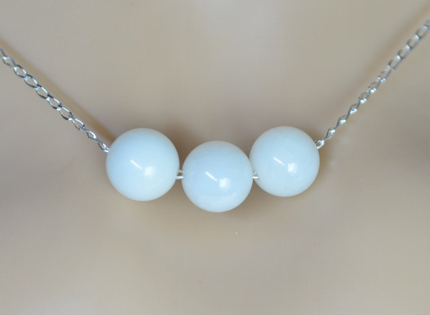 white moonstone 3 beads silver necklace, round shape natural stone pendant, 18” chain