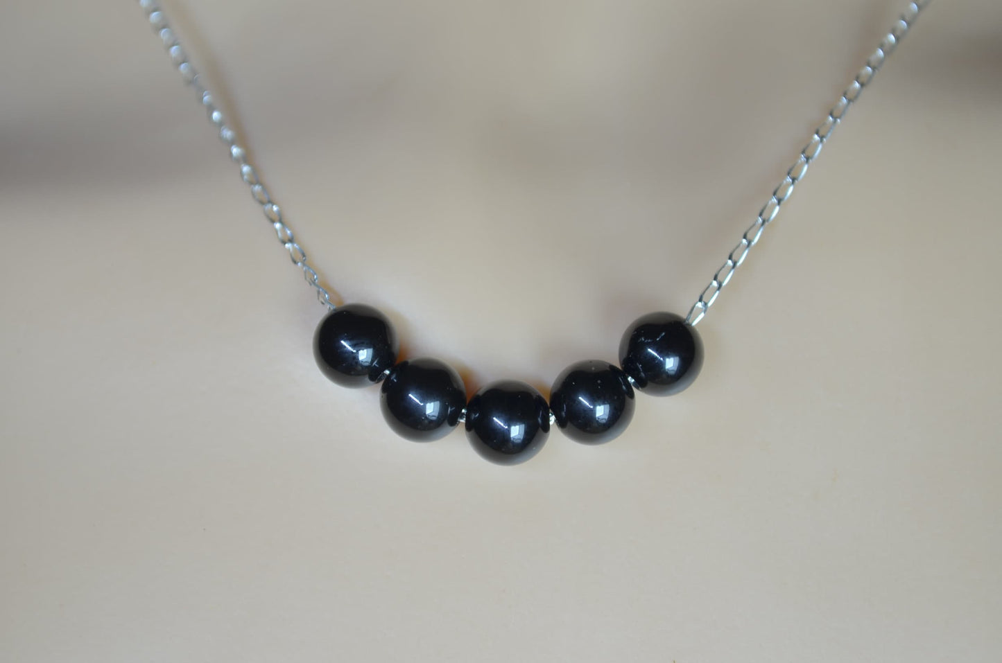 black onyx 5 beads and solid sterling silver chain necklace, bell shape natural gemstone