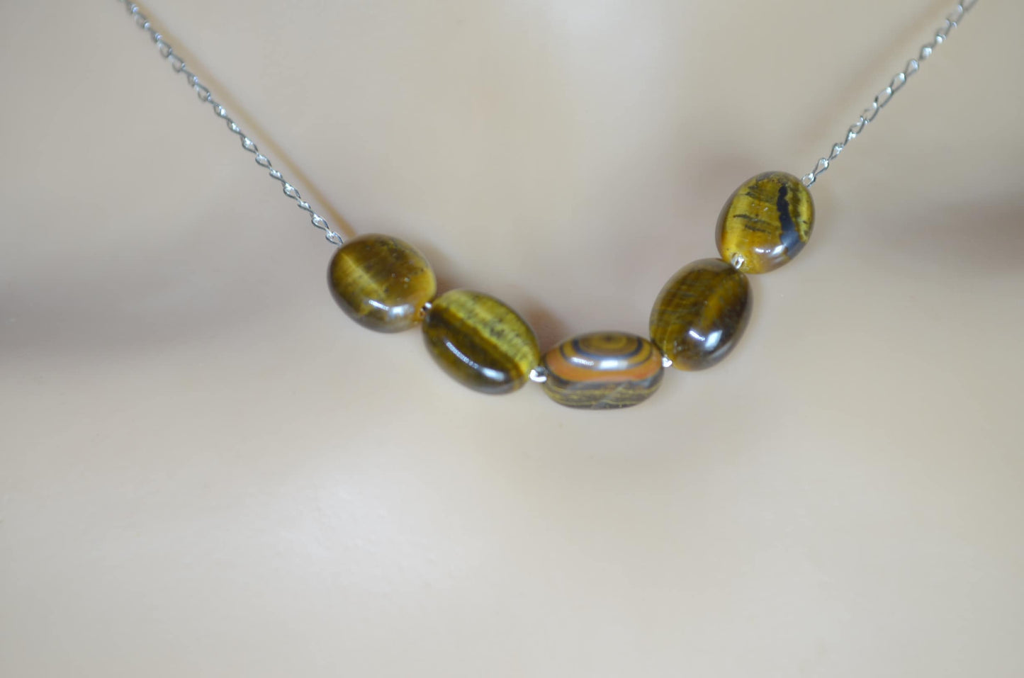 tiger’s eye 5 beads necklace, round natural brown gemstone , 18”  solid sterling silver chain