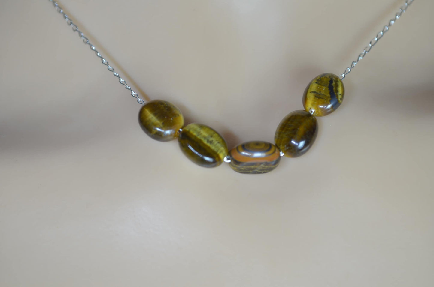 tiger’s eye 5 beads necklace, round natural brown gemstone , 18”  solid sterling silver chain
