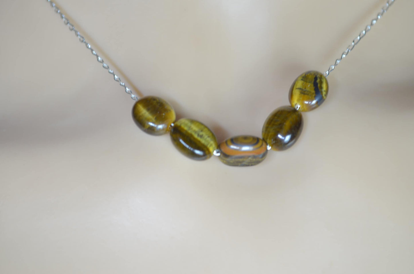 tiger’s eye 5 beads necklace, round natural brown gemstone , 18”  solid sterling silver chain