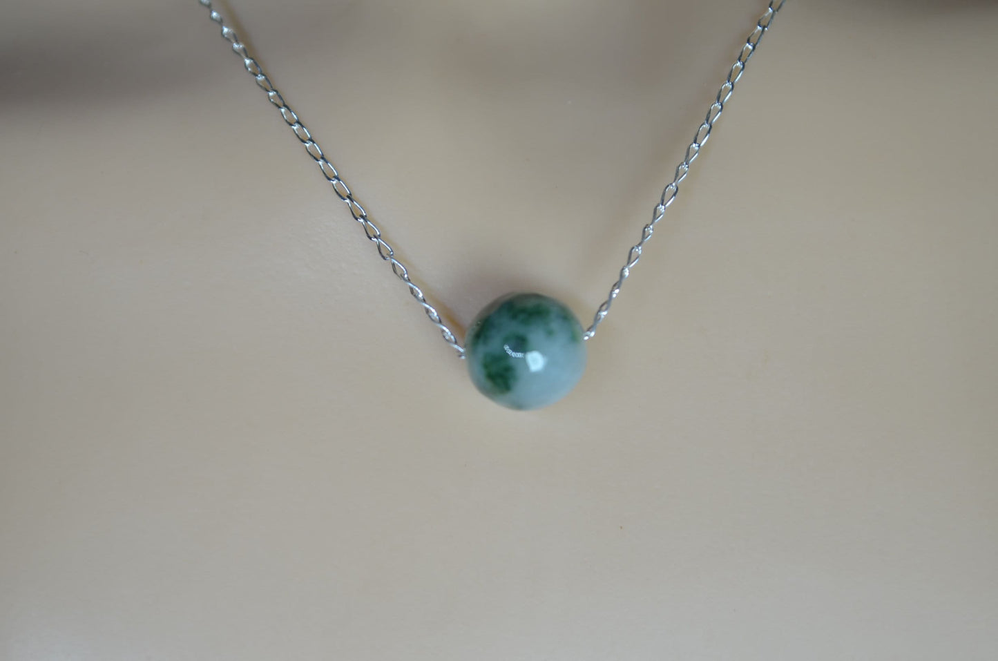 jade silver pendant and solid sterling silver chain necklace, bell shape spotted green natural gemstone