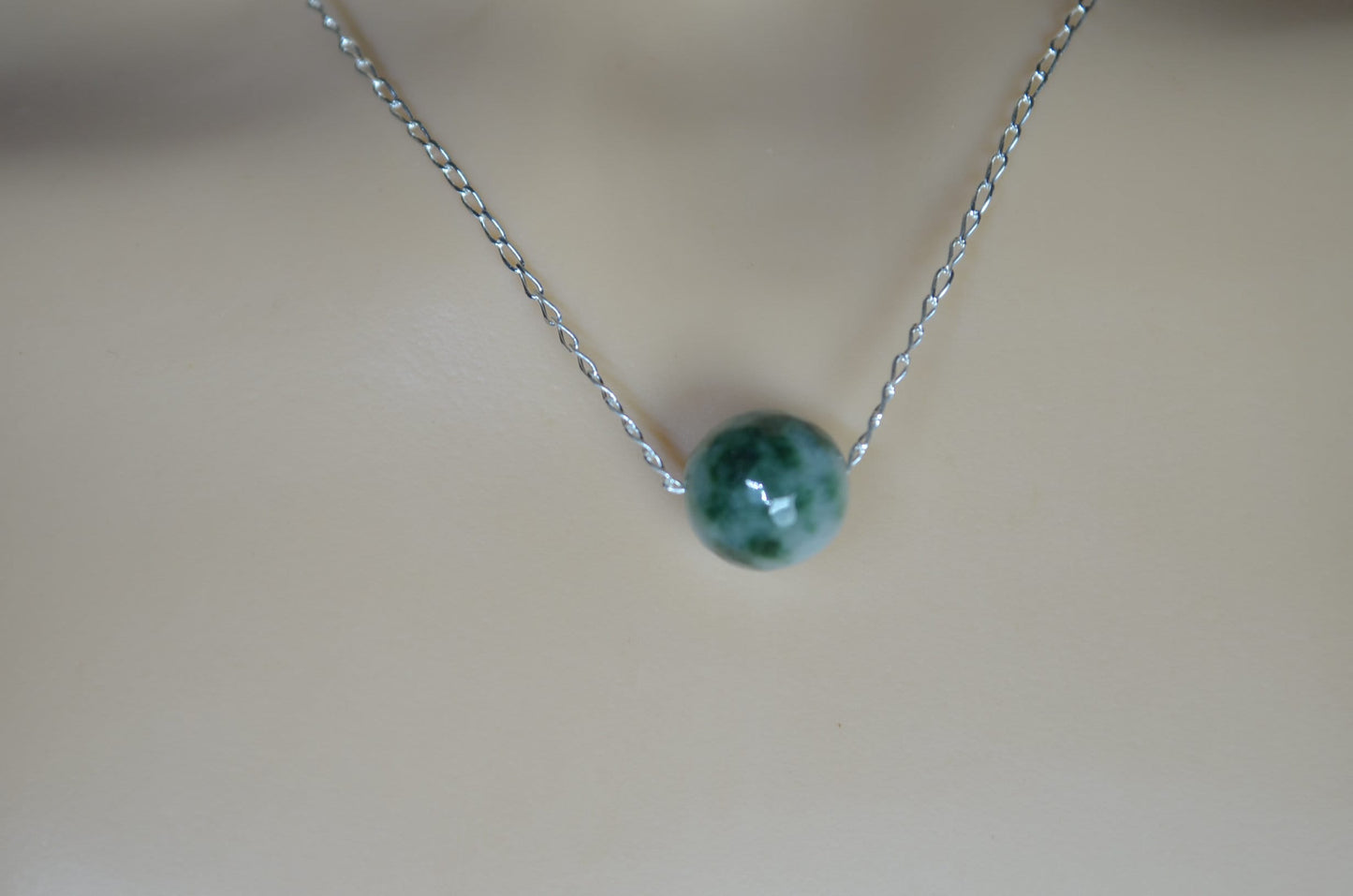jade silver pendant and solid sterling silver chain necklace, bell shape spotted green natural gemstone