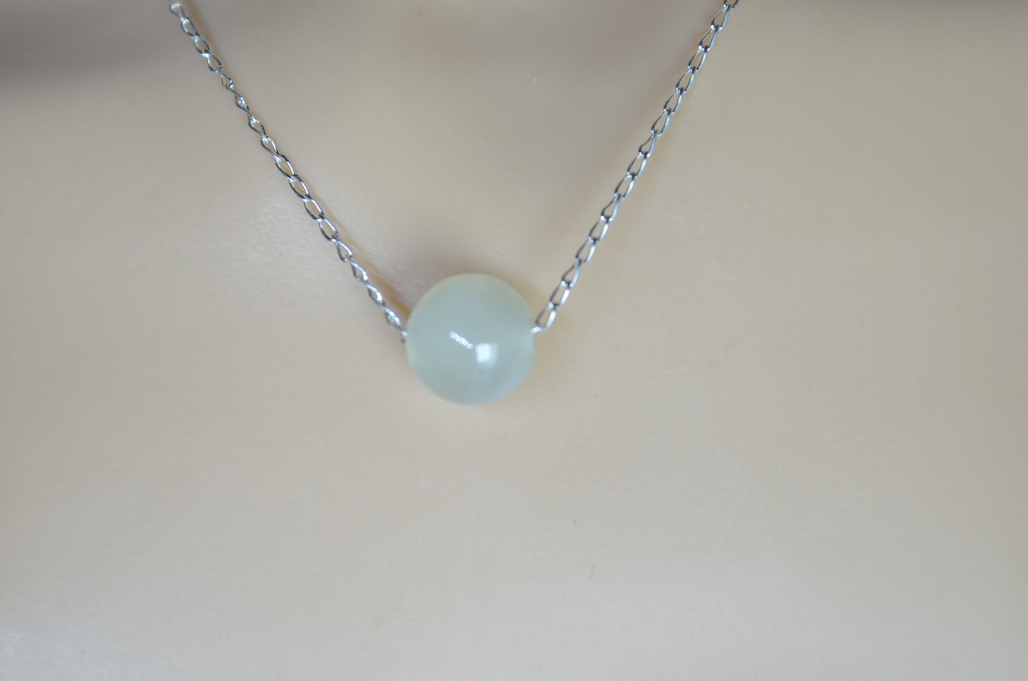 jade bead silver and solid sterling silver chain necklace, bell shape light green natural gemstone