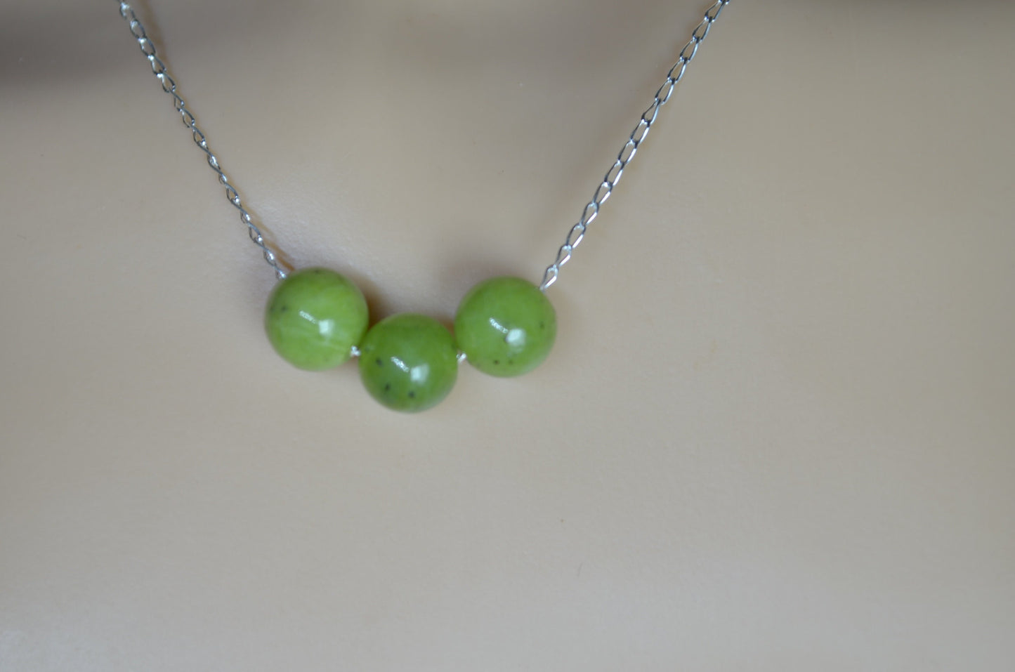 jade beads silver chain necklace, round shape bead pendant, 18” chain