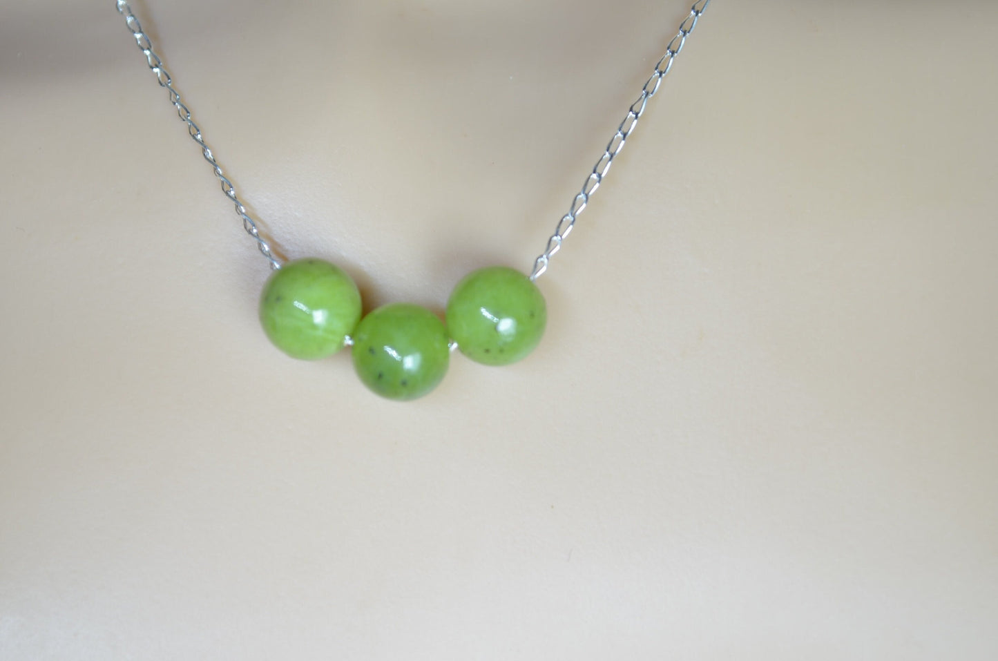 jade beads silver chain necklace, round shape bead pendant, 18” chain