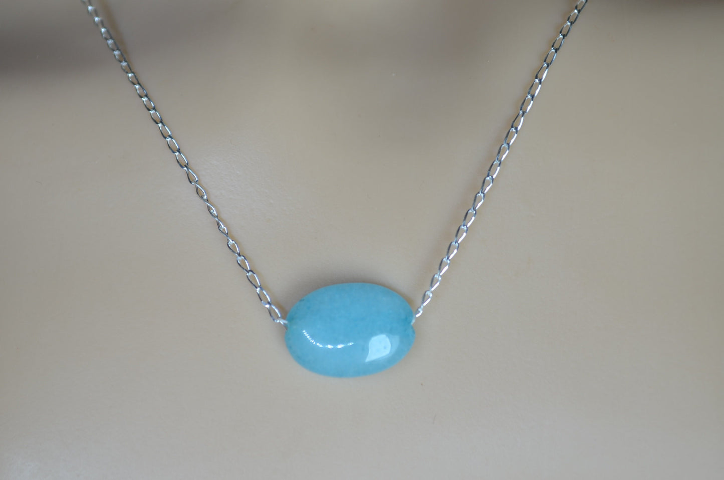 Silver necklace blue jade, oval stone bead, natural materials, 18” chain