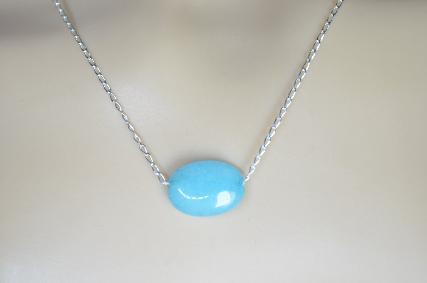 Silver necklace blue jade, oval stone bead, natural materials, 18” chain