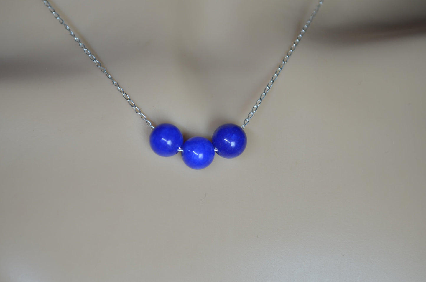 blue agate bead sterling silver beads necklace, 18” chain