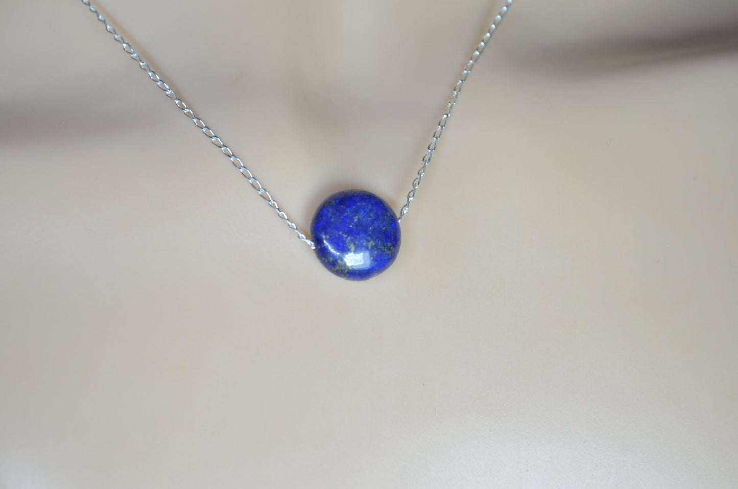 lapis lazuli silver necklace, blue circle shape bead, natural gemstone, 18” chain