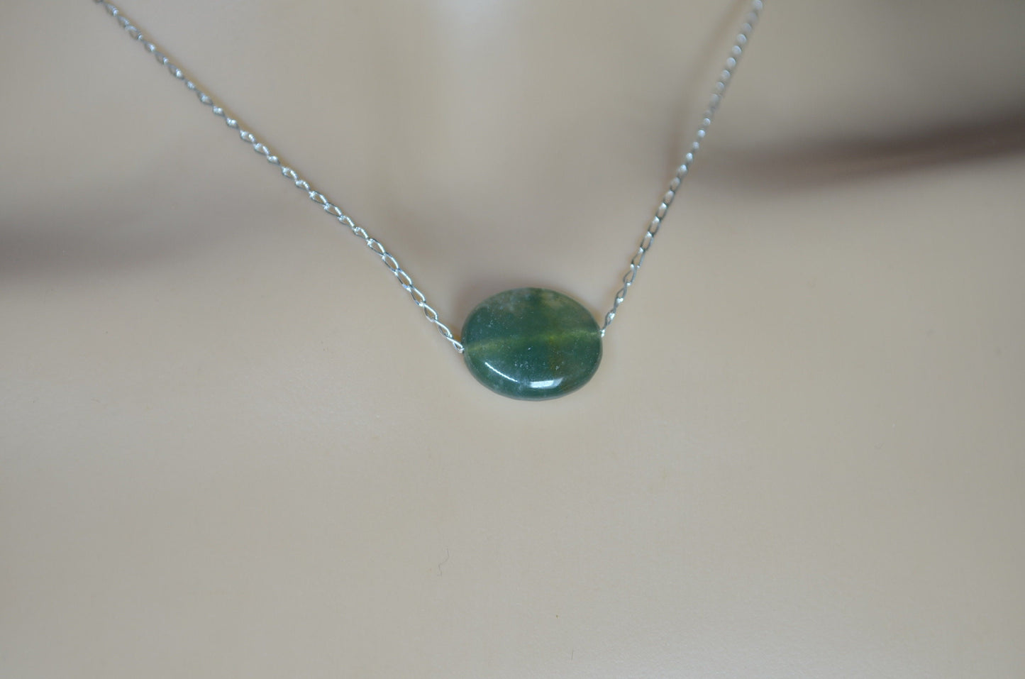 silver necklace moss agate, oval shape natural gemstone, 18” chain