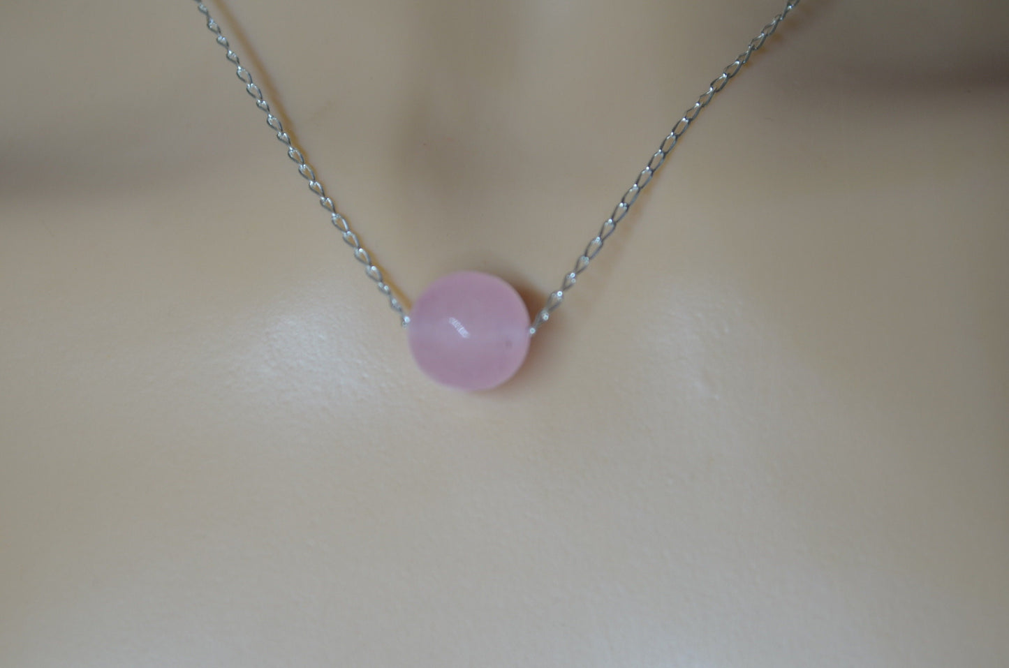 silver rose quartz, round pink pendant, natural gemstone , 18” chain