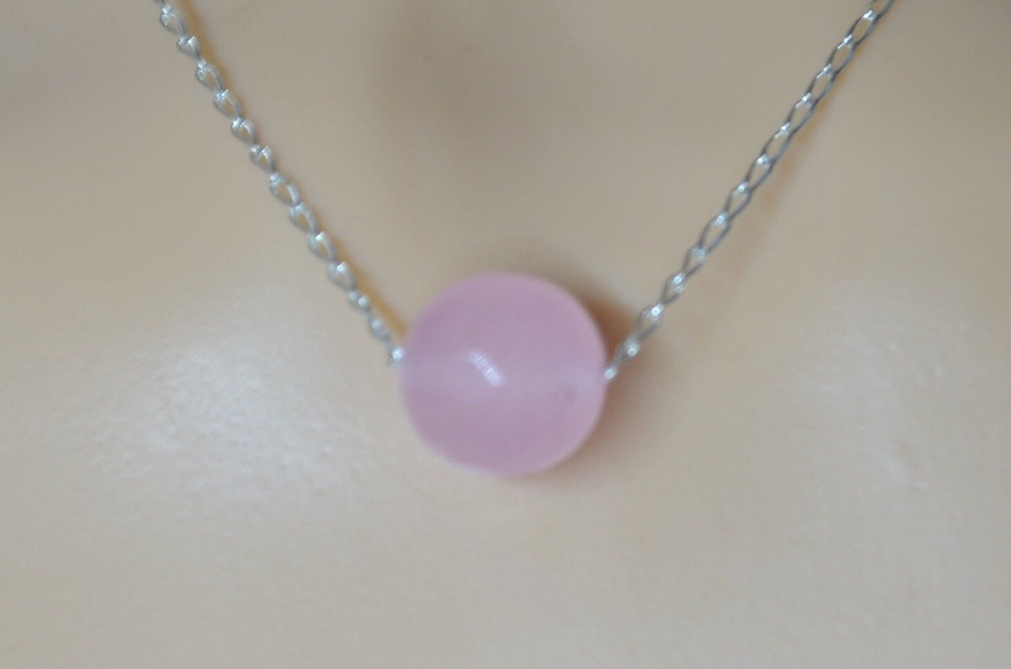 silver rose quartz, round pink pendant, natural gemstone , 18” chain