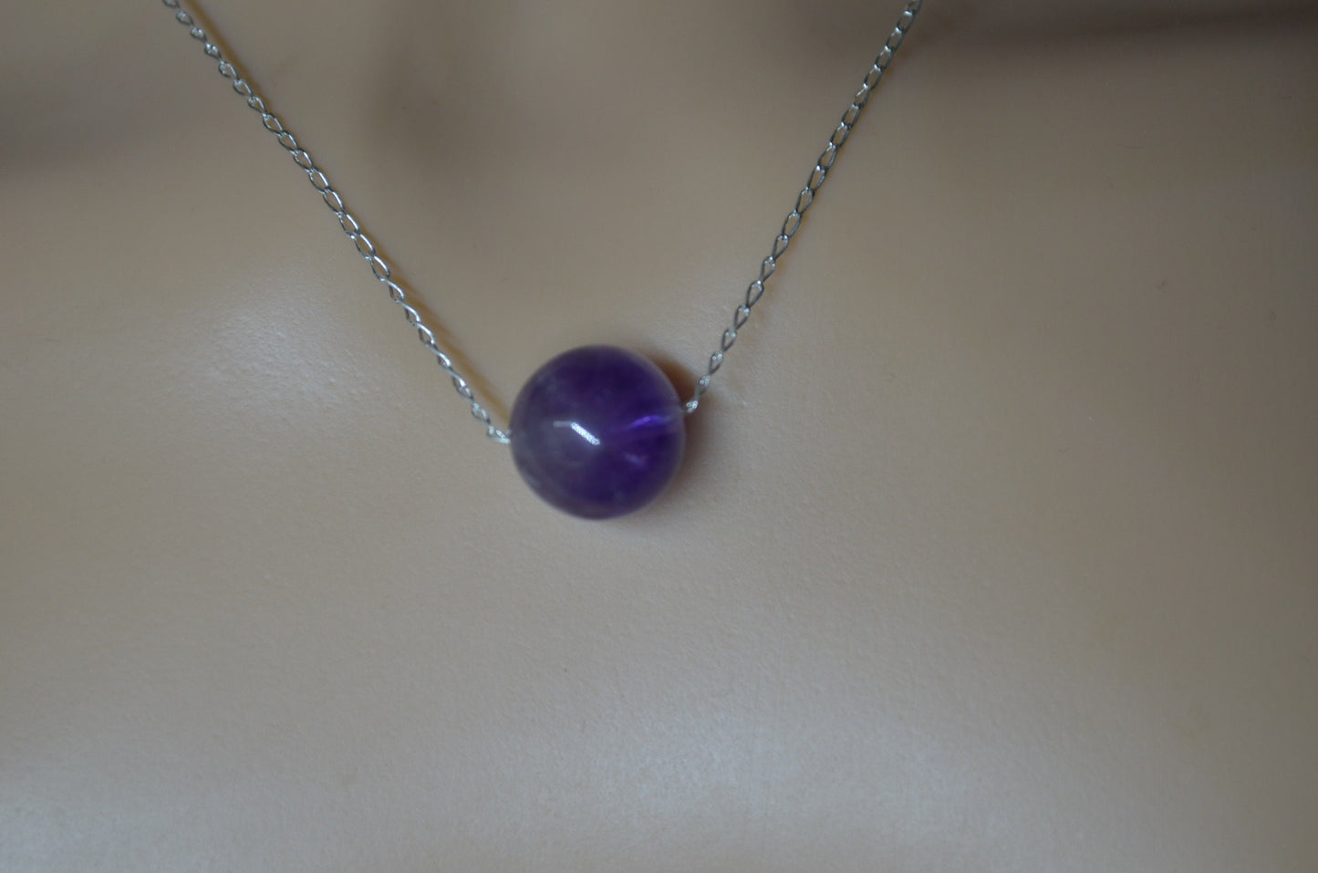 silver amethyst necklace, oval purple natural gemstone pendant, 18” chain