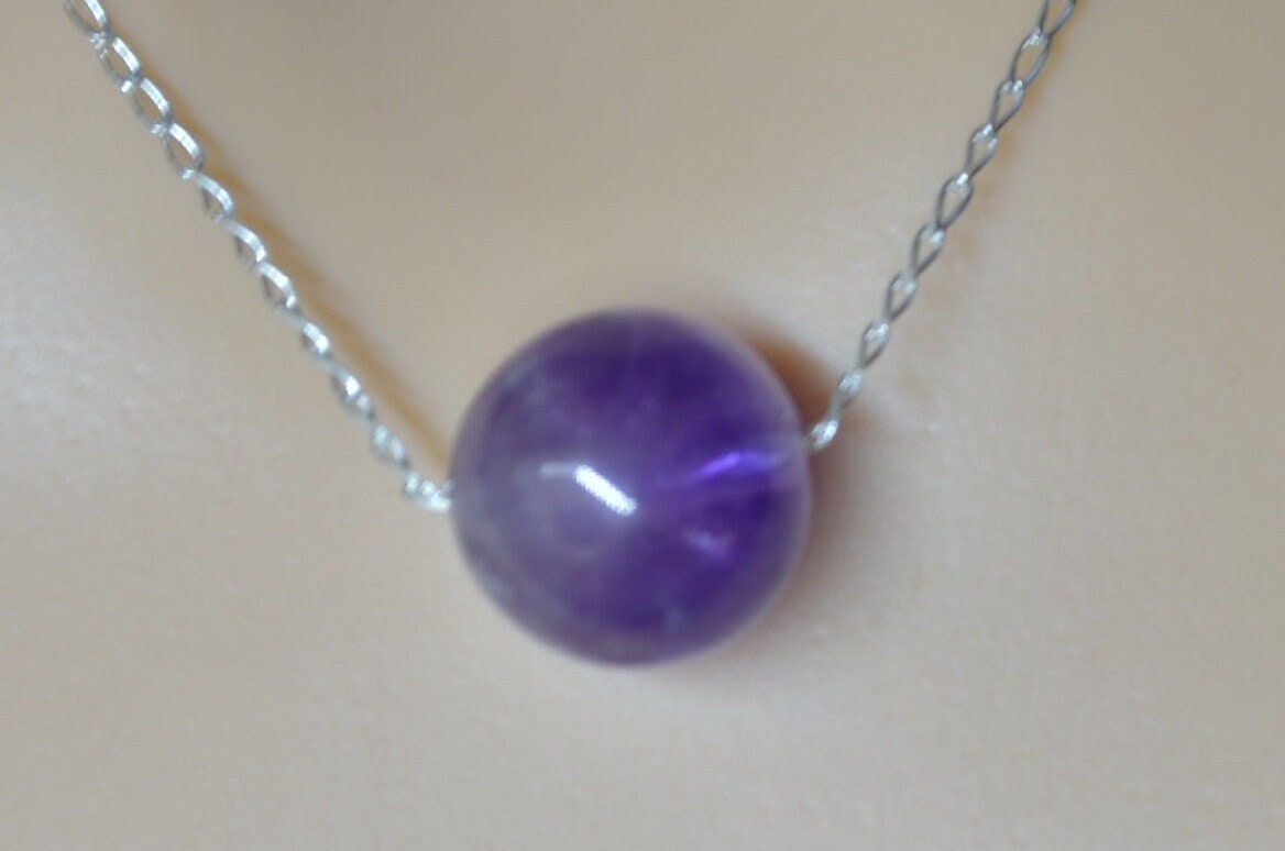 silver amethyst necklace, oval purple natural gemstone pendant, 18” chain