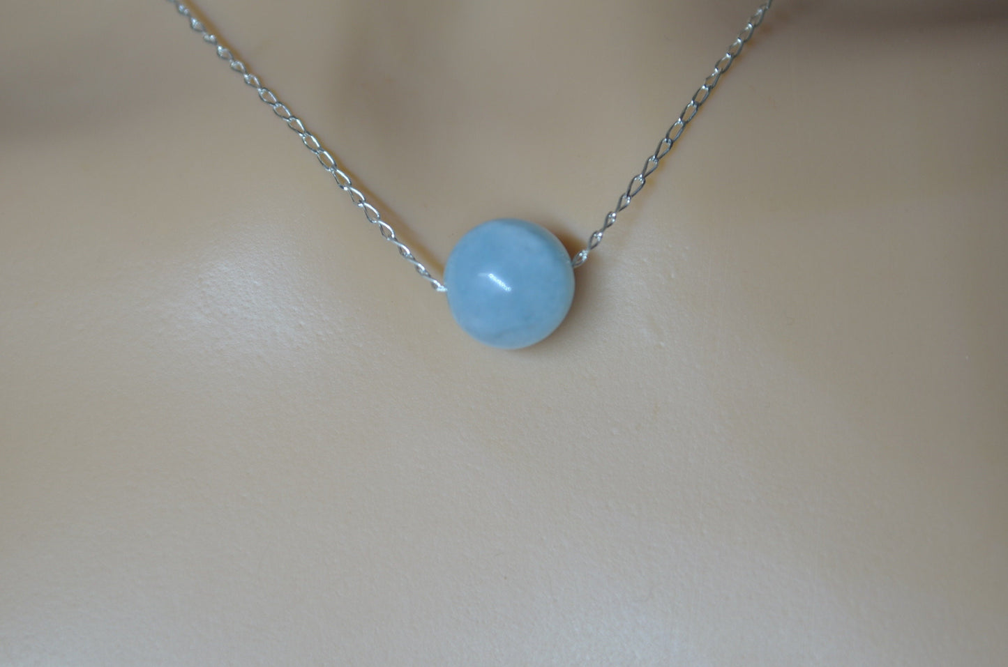 aquamarine necklace, round stone pendant, natural bell shape gemstone, 18” chain