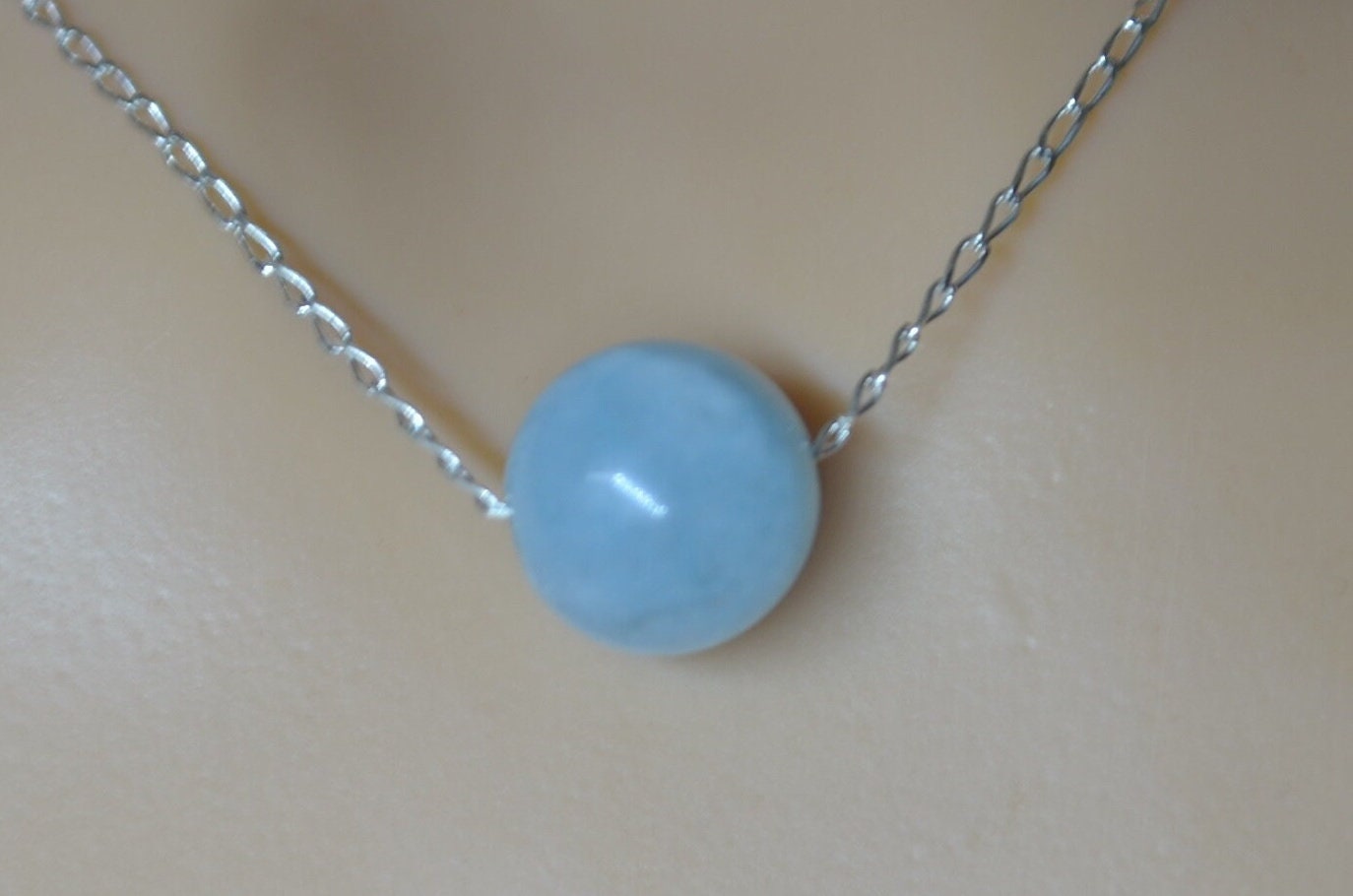 aquamarine necklace, round stone pendant, natural bell shape gemstone, 18” chain