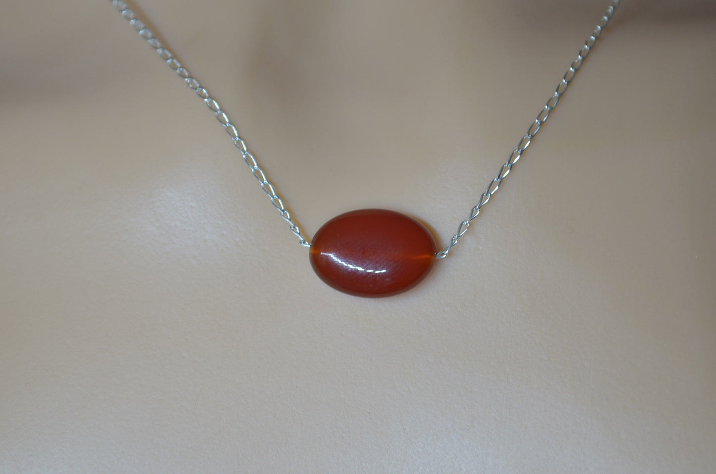 carnelian silver necklace, oval natural red gemstone pendant, 18” chain