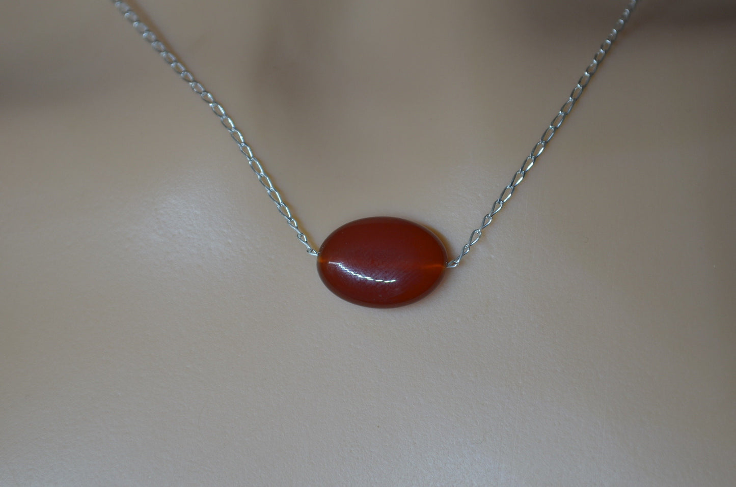 carnelian silver necklace, oval natural red gemstone pendant, 18” chain