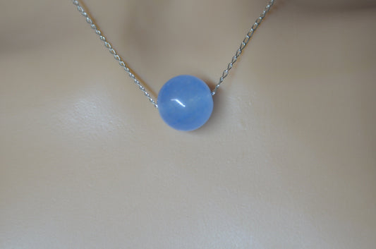 Silver blue jade bead necklace, round stone pendant, natural materials, 18” chain
