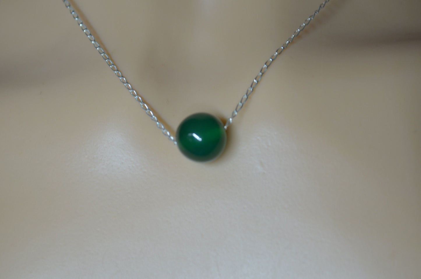 Silver necklace, green onyx bead, round shape natural gemstone, 18” chain