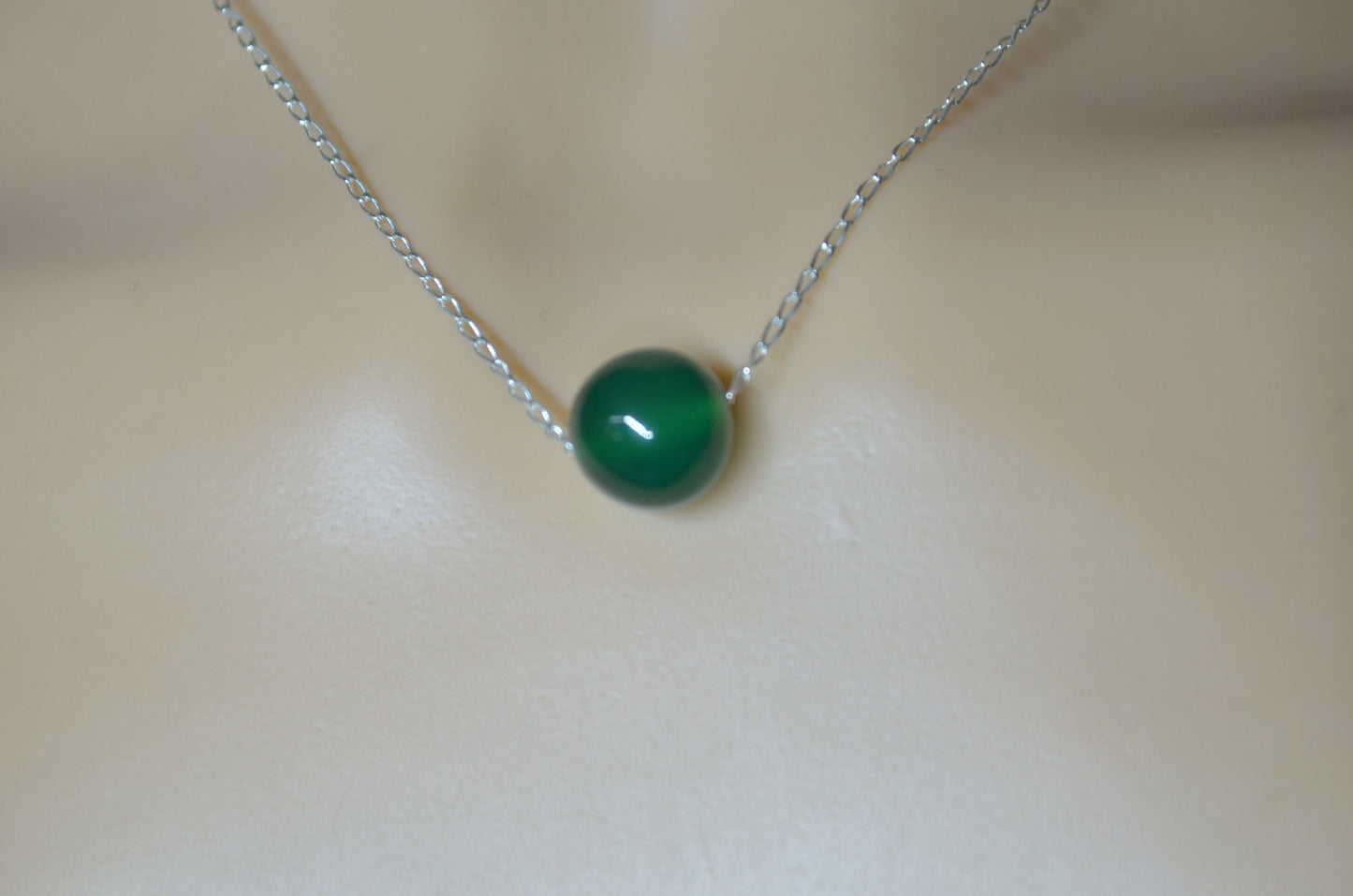 Silver necklace, green onyx bead, round shape natural gemstone, 18” chain