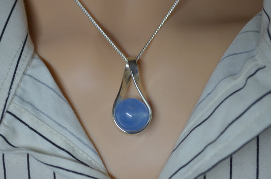 Silver blue jade bead necklace, round stone pendant, natural materials, 18” chain