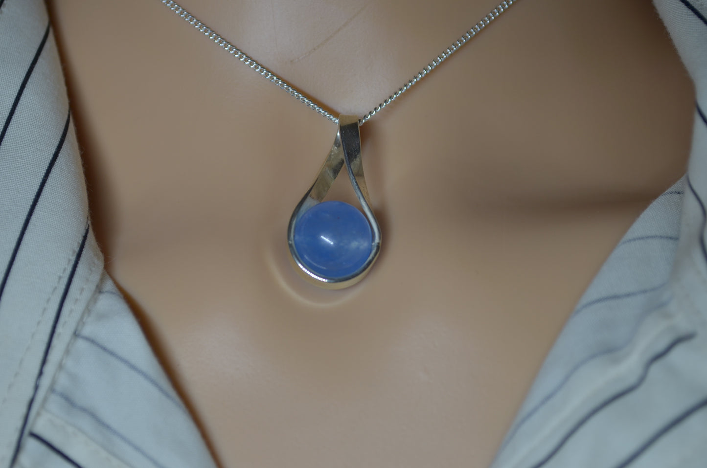 Silver blue jade bead necklace, round stone pendant, natural materials, 18” chain