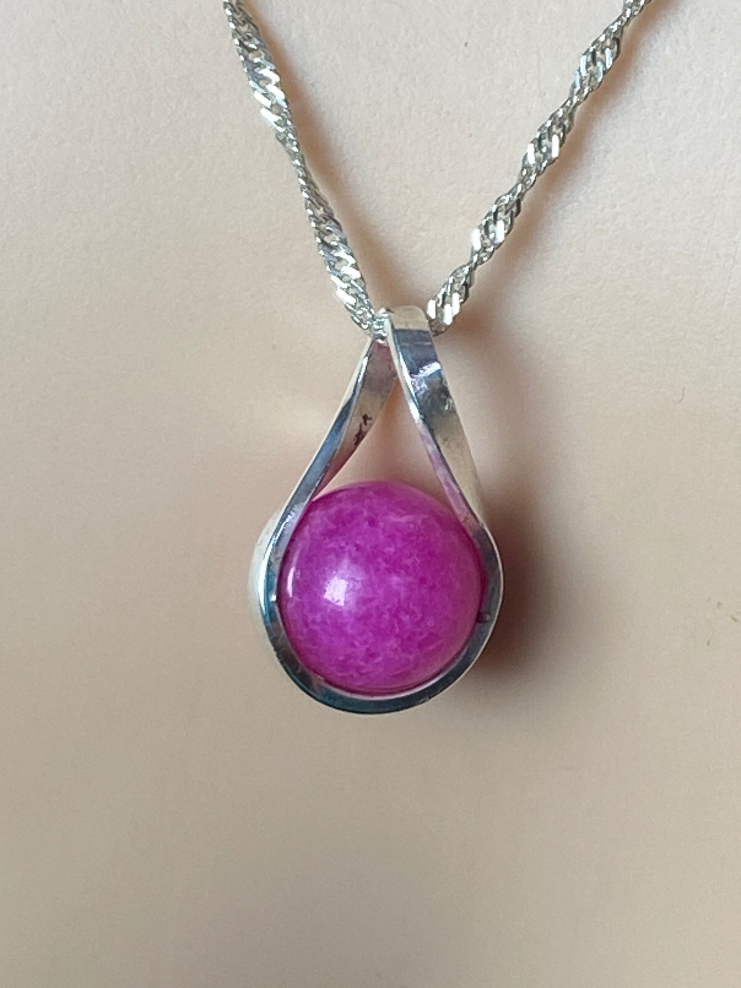 Silver pink Jade necklace, 18” silver chain