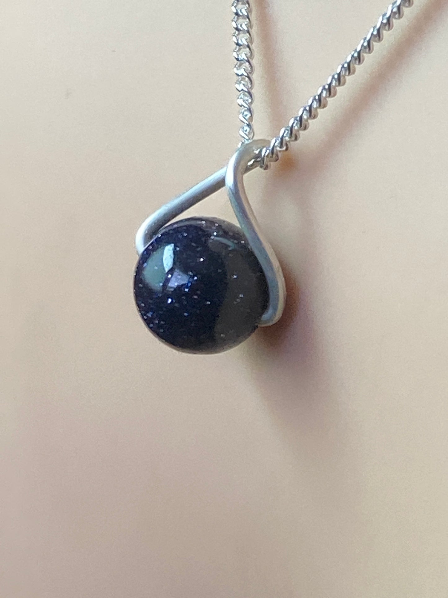 Silver necklace, blue goldstone pendant, 18” sterling silver chain